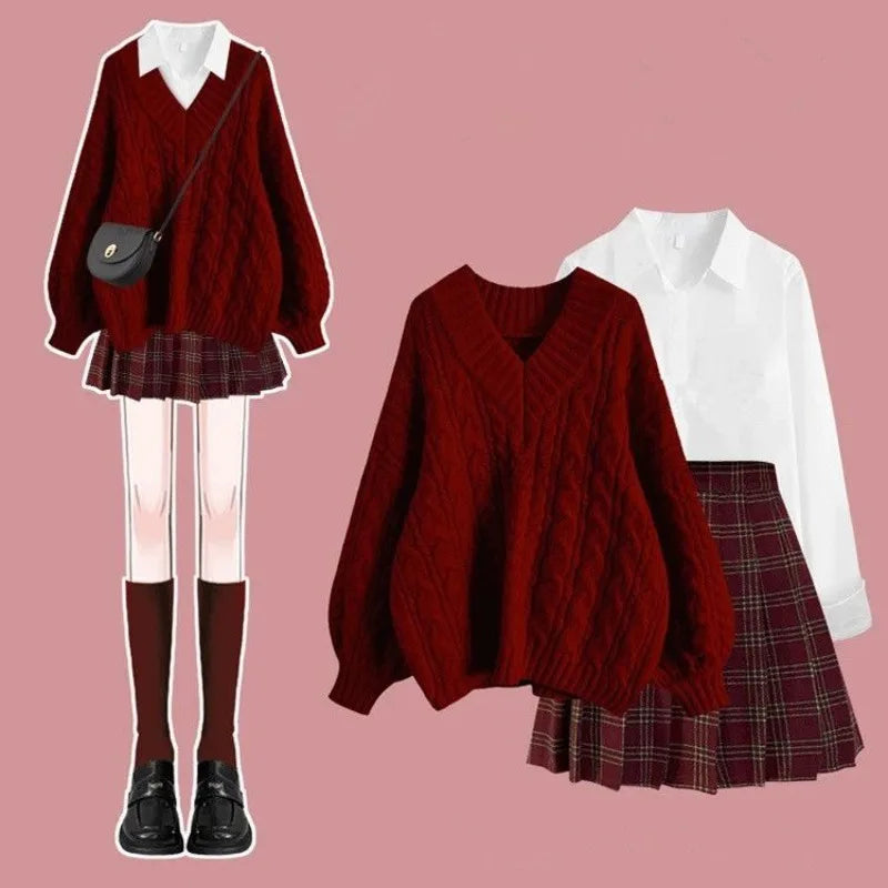 Red Sweater & Plain Mini Pleated Skirts Set