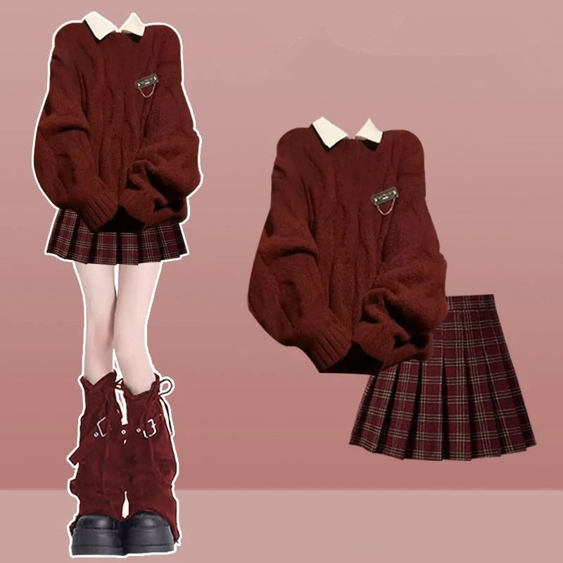 Red Sweater & Plain Mini Pleated Skirts Set