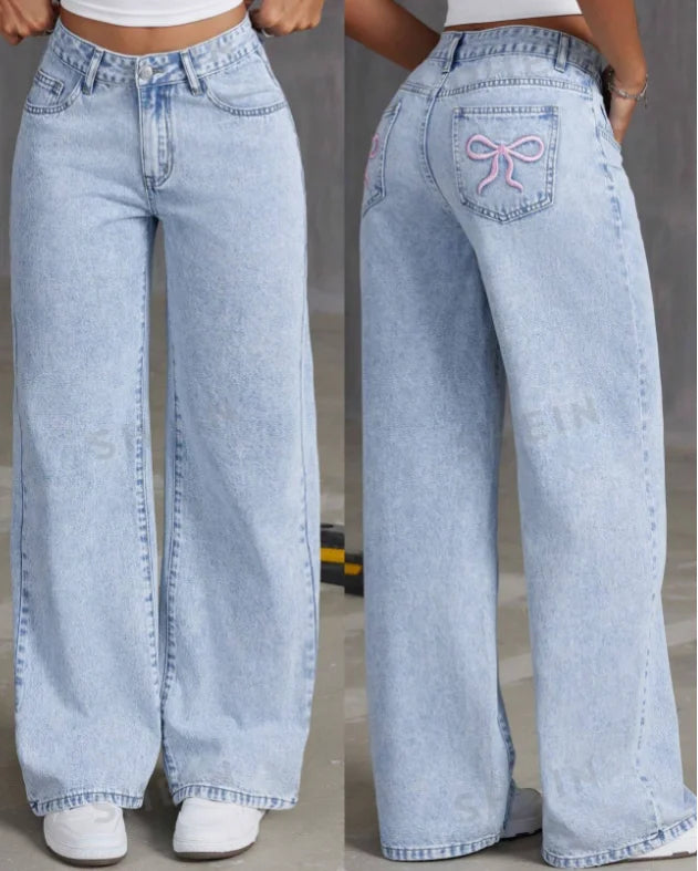 Bow Embroidered Baggy Jeans