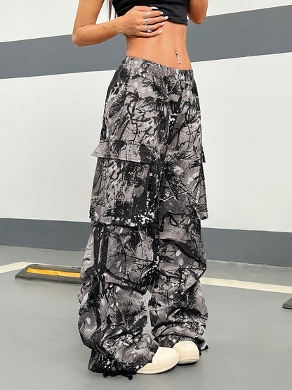 Wide Leg Casual Pants, Plant Print, All-Season Drawstring Waist with Belt & Woven Fabric