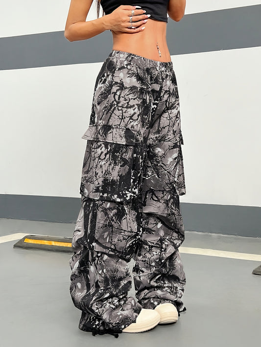 Wide Leg Casual Pants, Plant Print, All-Season Drawstring Waist with Belt & Woven Fabric