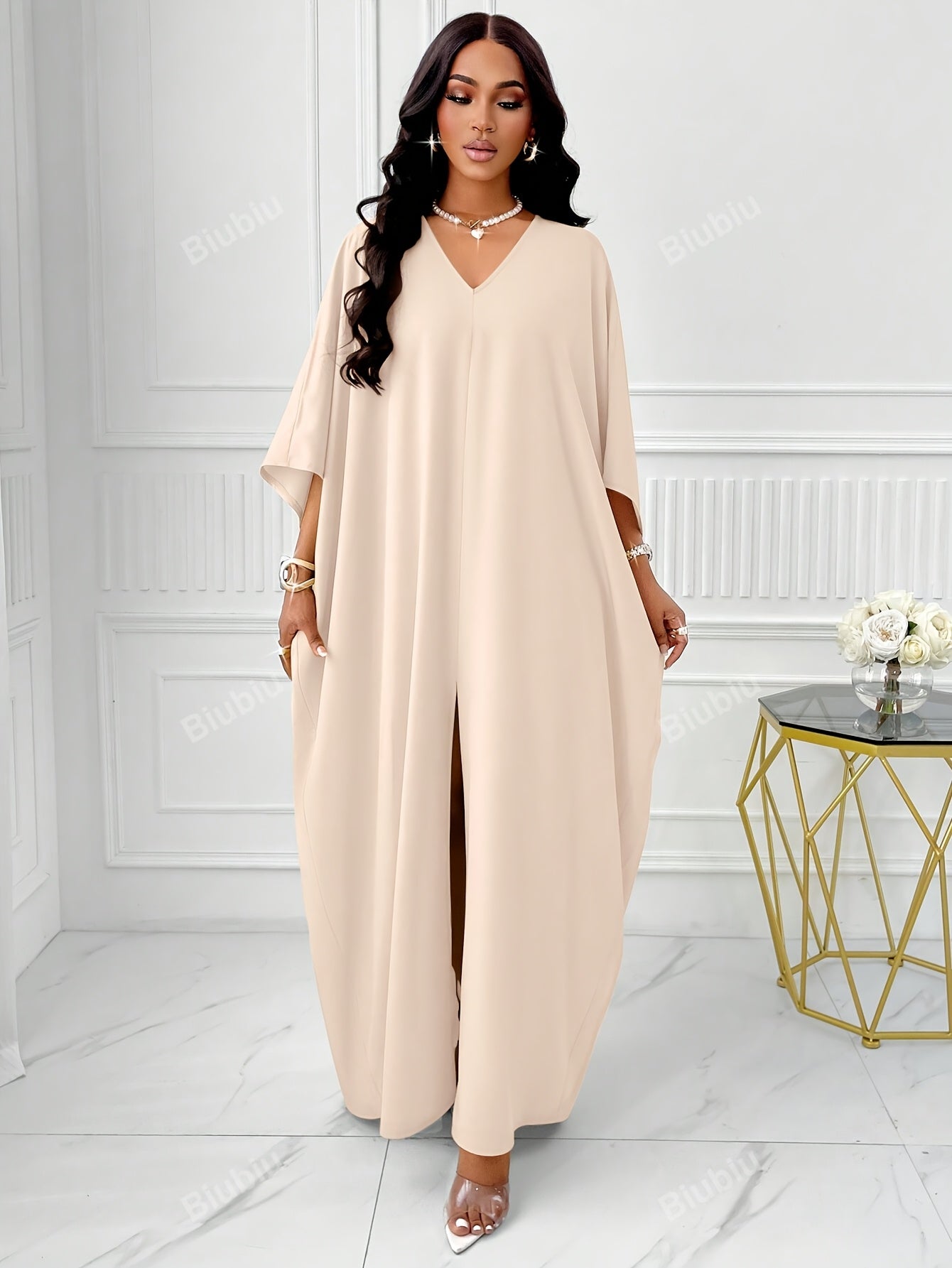 Elegant Solid Color V-Neck Cap Sleeve Side Slit Tunic Dress for Women