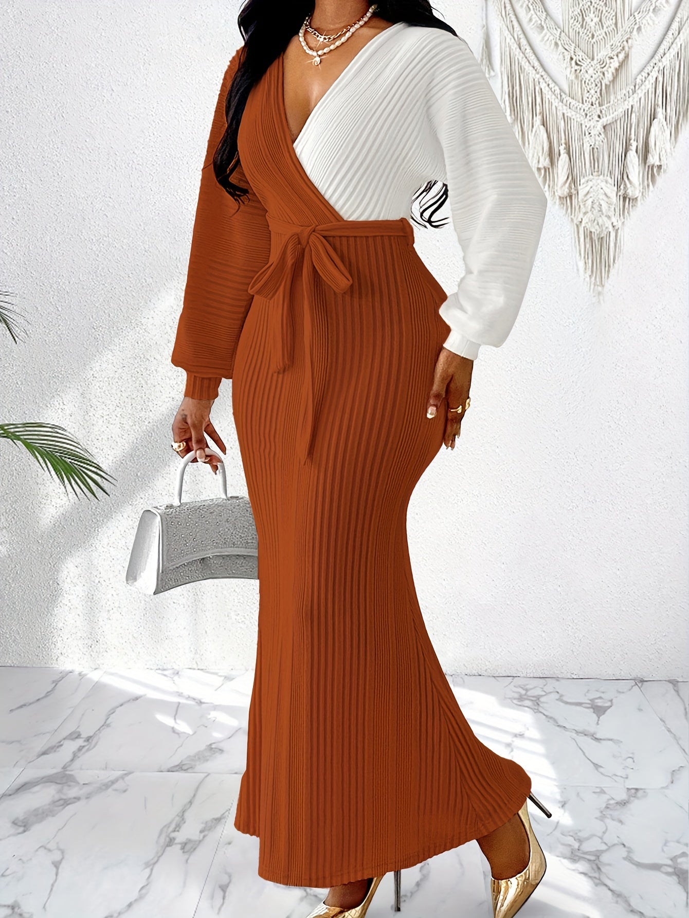 Two-Tone Elegant Batwing Sleeve Bodycon Long Dress