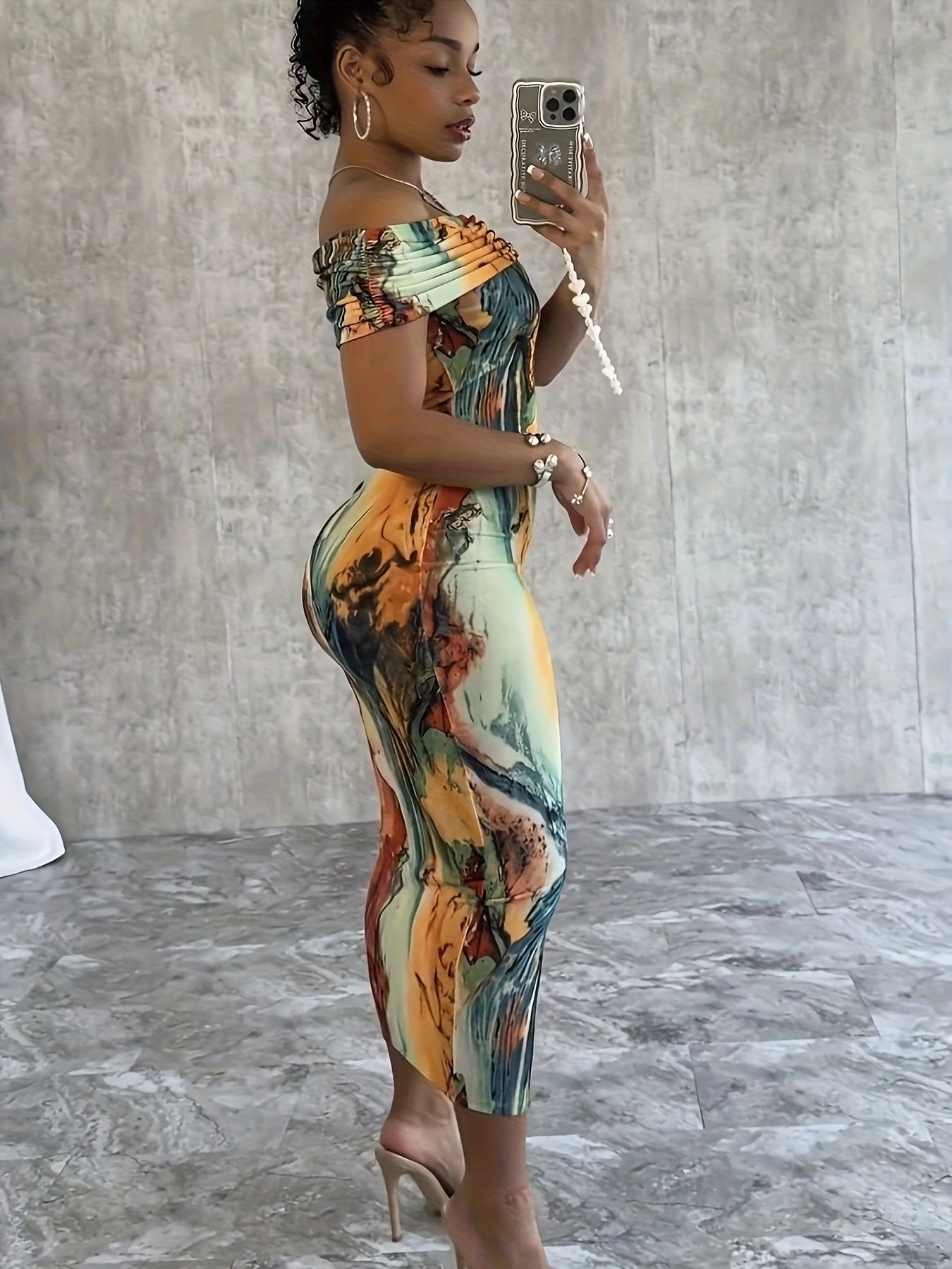 Chic Off-Shoulder Sheath Dress with Abstract Print