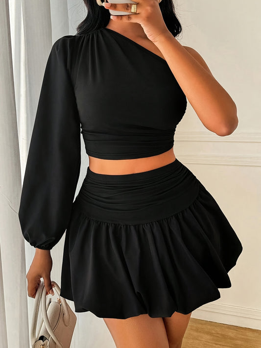 Elegant And Stylish Women'S Pleated Puff Sleeve Top And Mini Ruffled Hem Skirt
