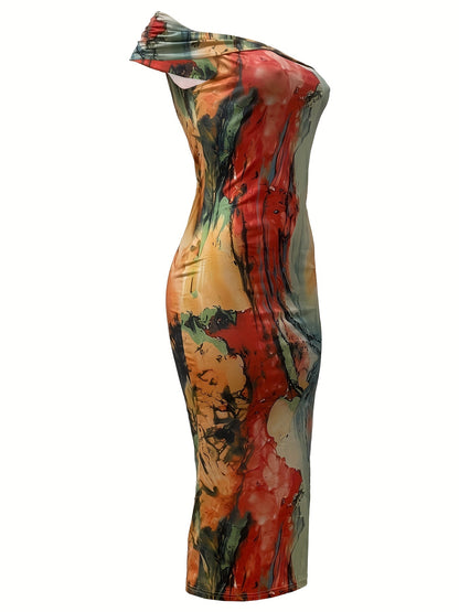 Chic Off-Shoulder Sheath Dress with Abstract Print