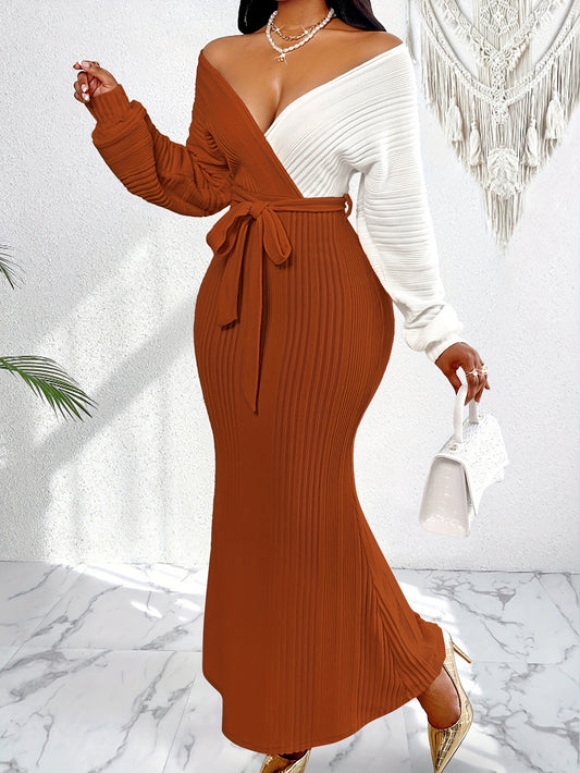 Two-Tone Elegant Batwing Sleeve Bodycon Long Dress