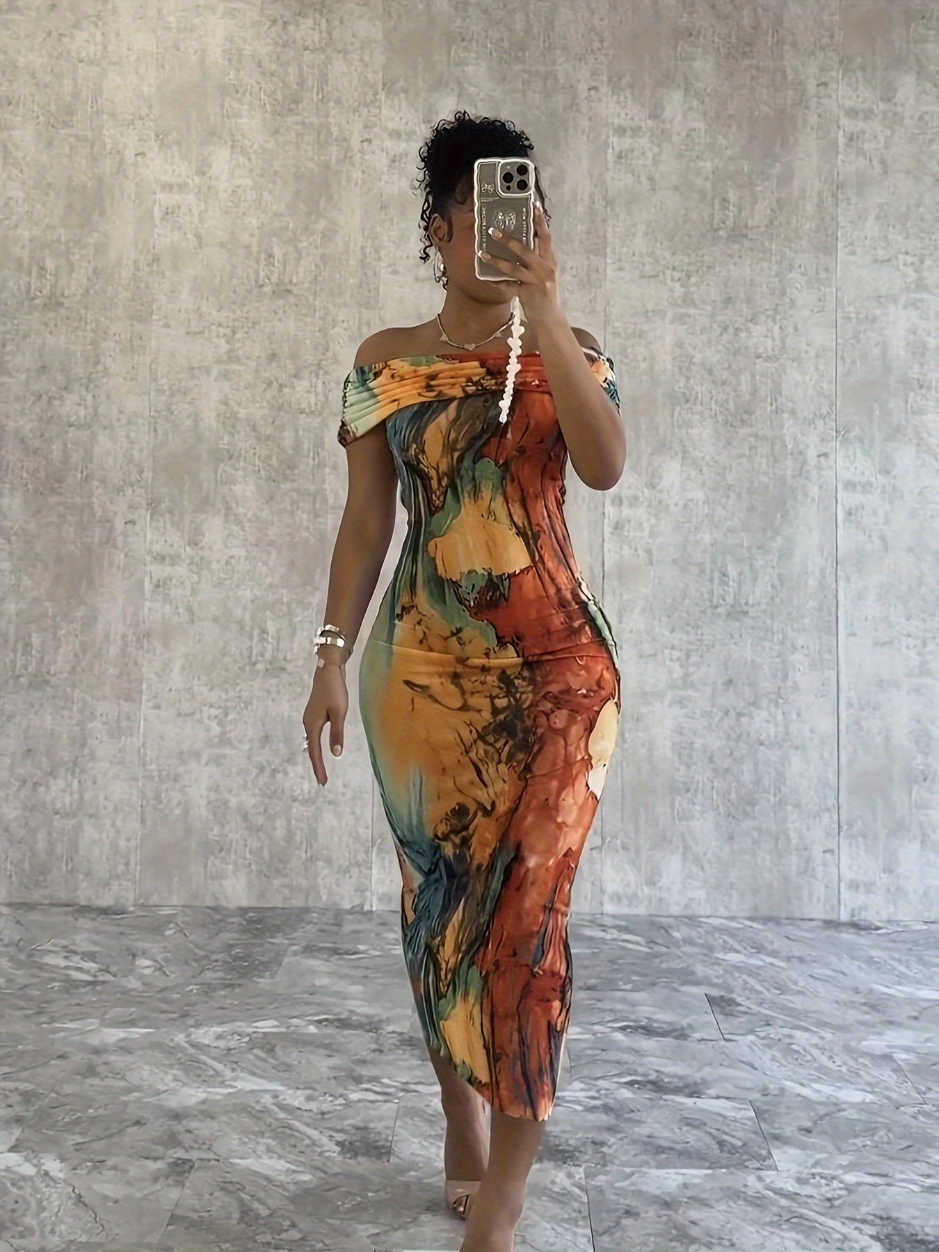 Chic Off-Shoulder Sheath Dress with Abstract Print