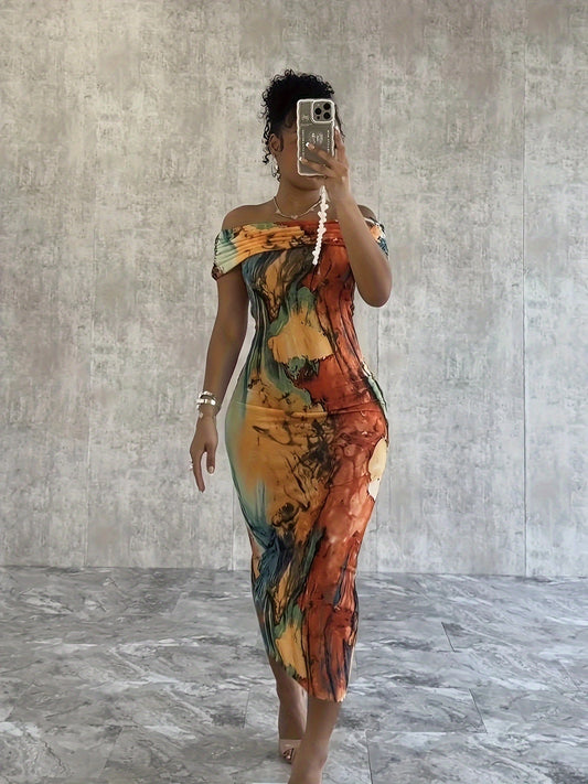 Chic Off-Shoulder Sheath Dress with Abstract Print