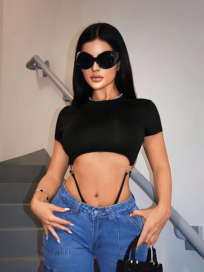 Sexy Solid Color Hollowed-Out Waist Short-Sleeve Jumpsuit