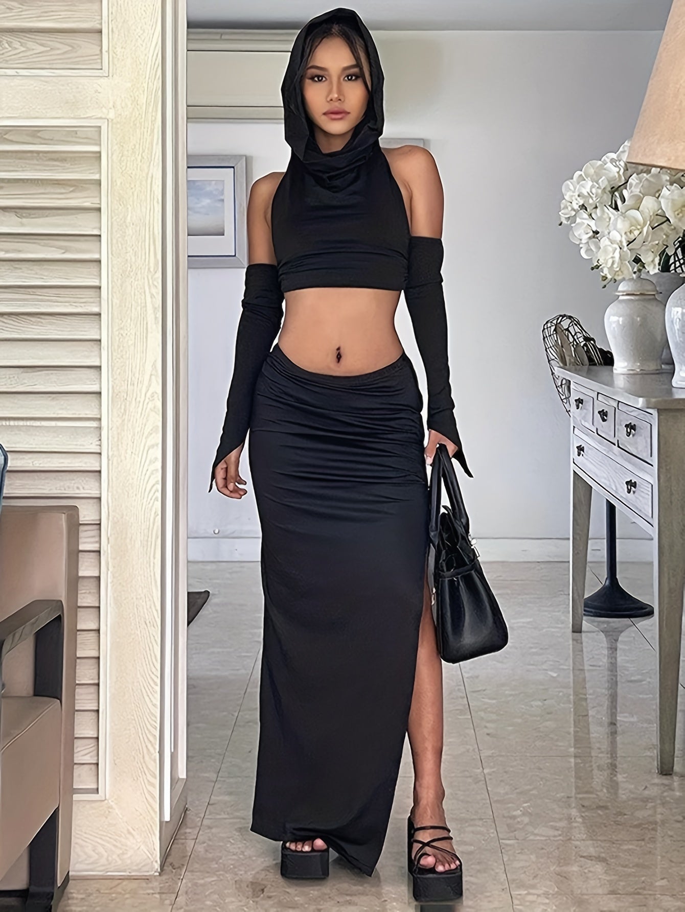 Stylish Solid Slim Two-piece Skirt Set, Crop Backless Hooded Top & Split Hem Skirt Outfits
