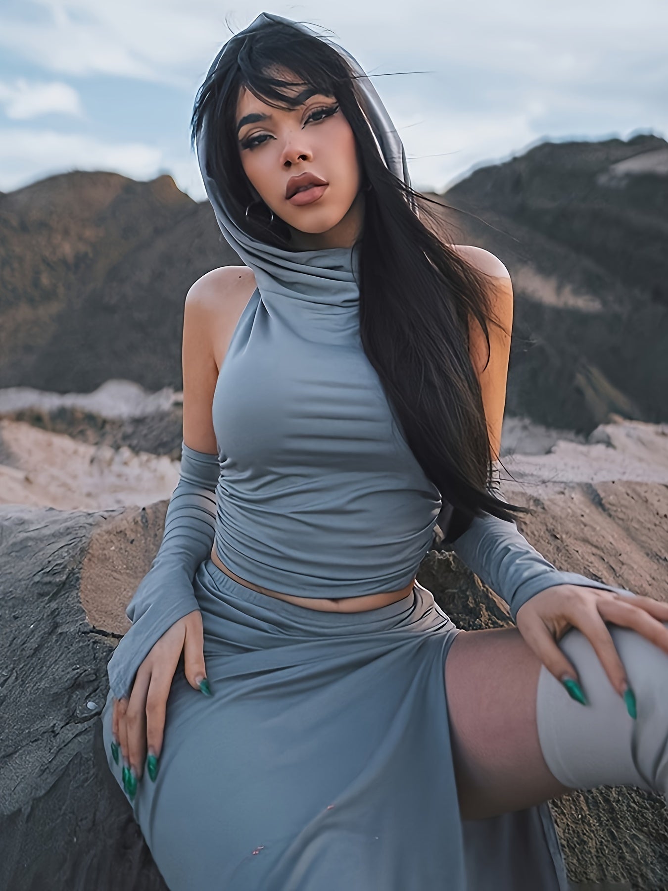 Stylish Solid Slim Two-piece Skirt Set, Crop Backless Hooded Top & Split Hem Skirt Outfits