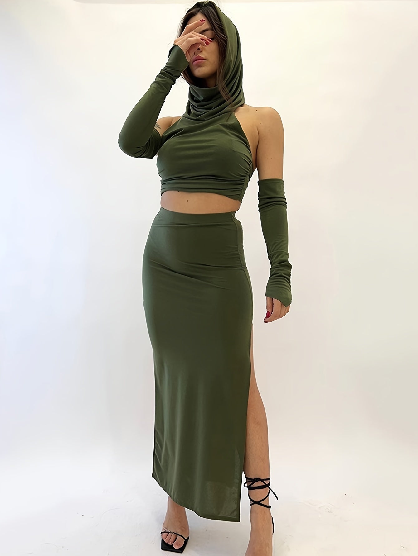 Stylish Solid Slim Two-piece Skirt Set, Crop Backless Hooded Top & Split Hem Skirt Outfits