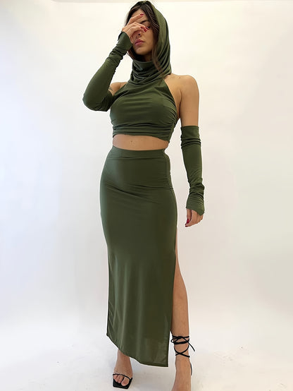 Stylish Solid Slim Two-piece Skirt Set, Crop Backless Hooded Top & Split Hem Skirt Outfits