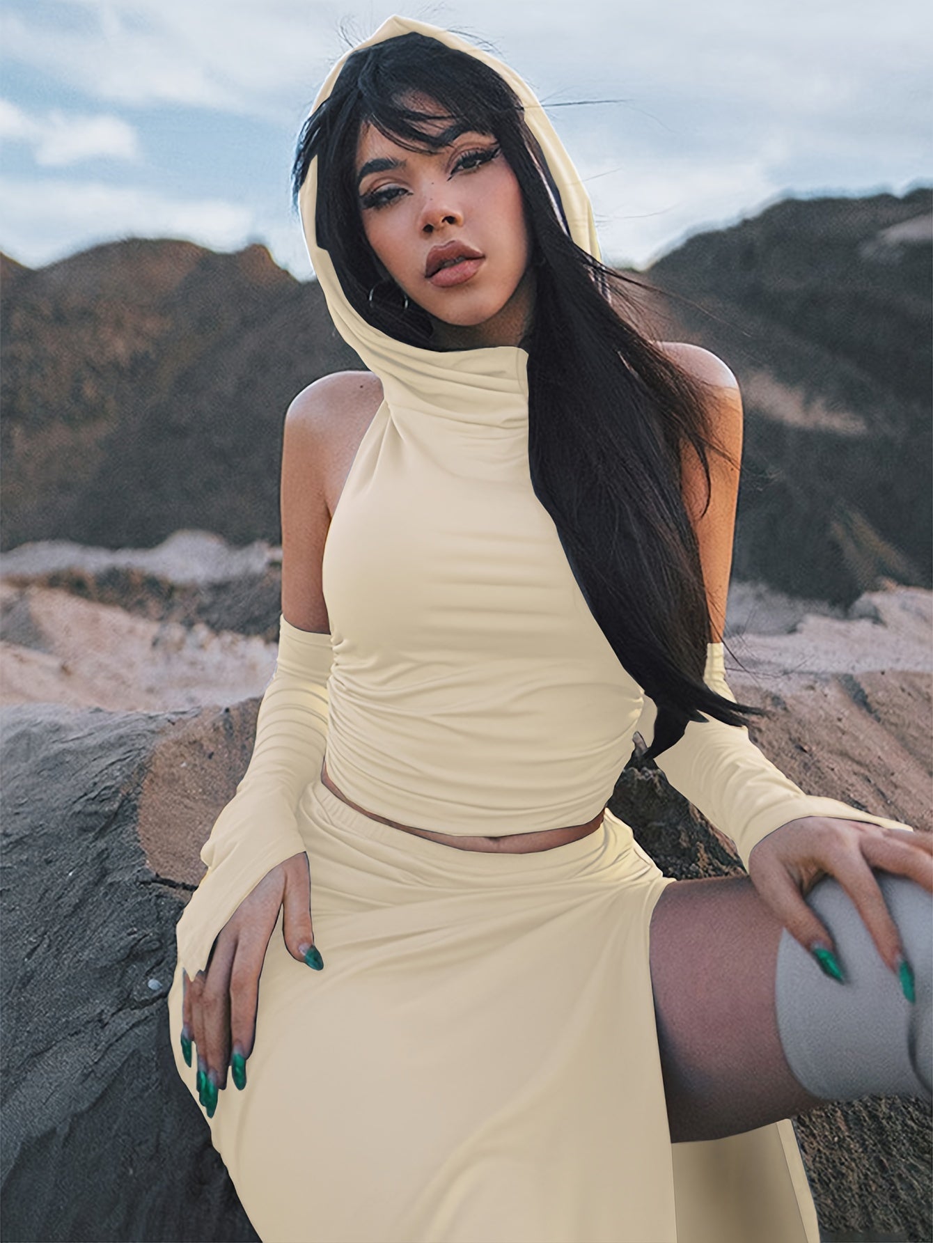 Stylish Solid Slim Two-piece Skirt Set, Crop Backless Hooded Top & Split Hem Skirt Outfits