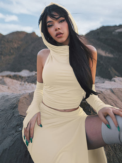Stylish Solid Slim Two-piece Skirt Set, Crop Backless Hooded Top & Split Hem Skirt Outfits