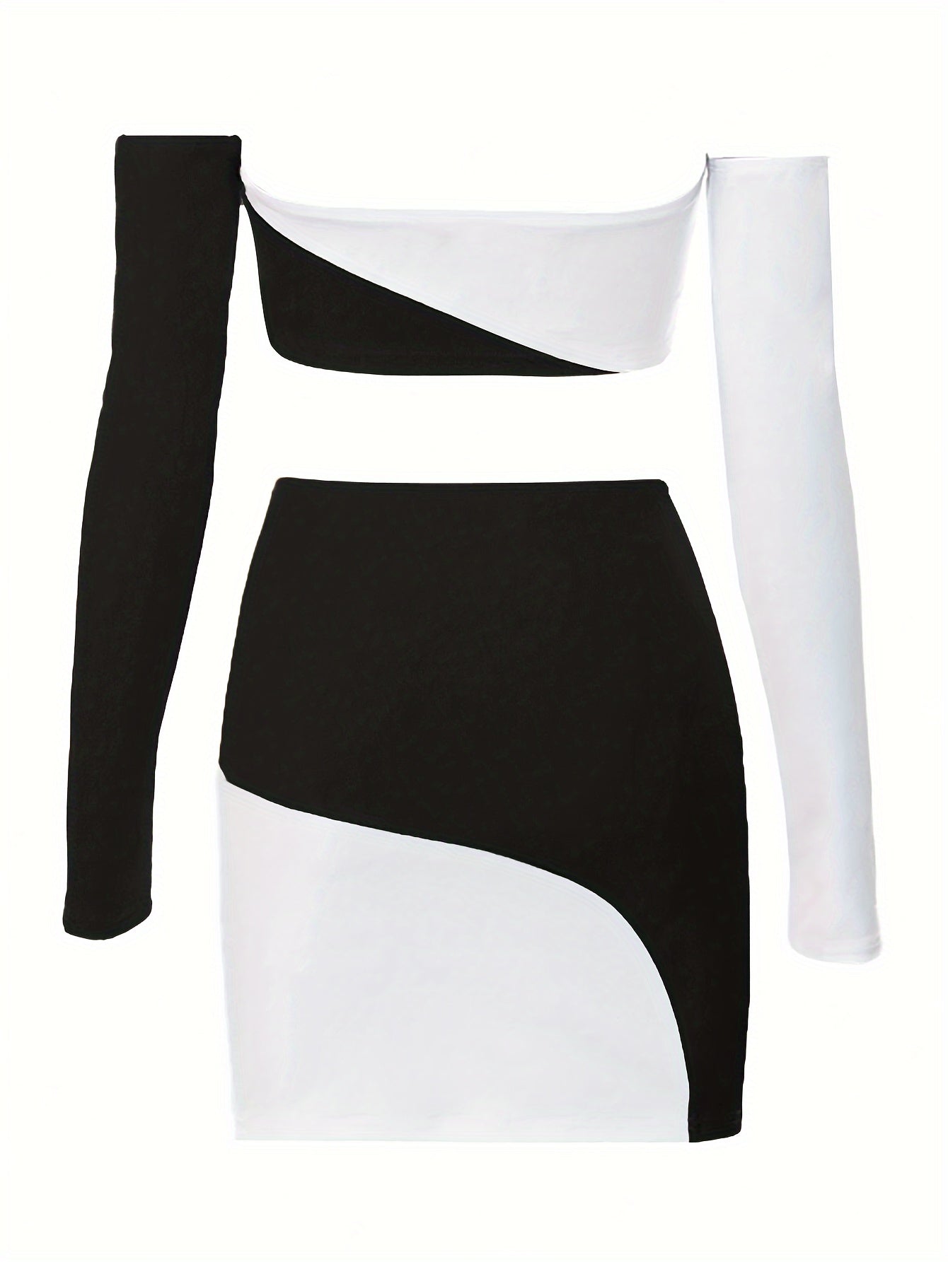One-shoulder contrast color chest-wrapped long-sleeved top and hip-wrapped skirt