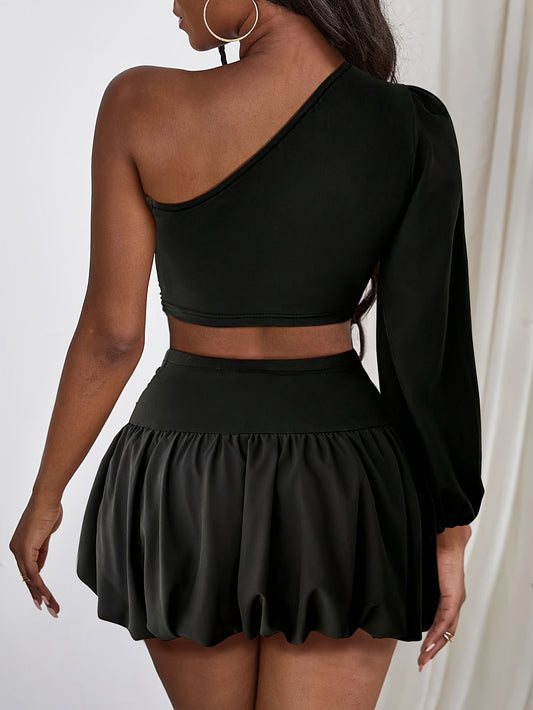 Elegant And Stylish Women'S Pleated Puff Sleeve Top And Mini Ruffled Hem Skirt
