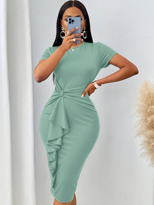 Elegant Light Blue Ruffle Trim Bodycon Dress