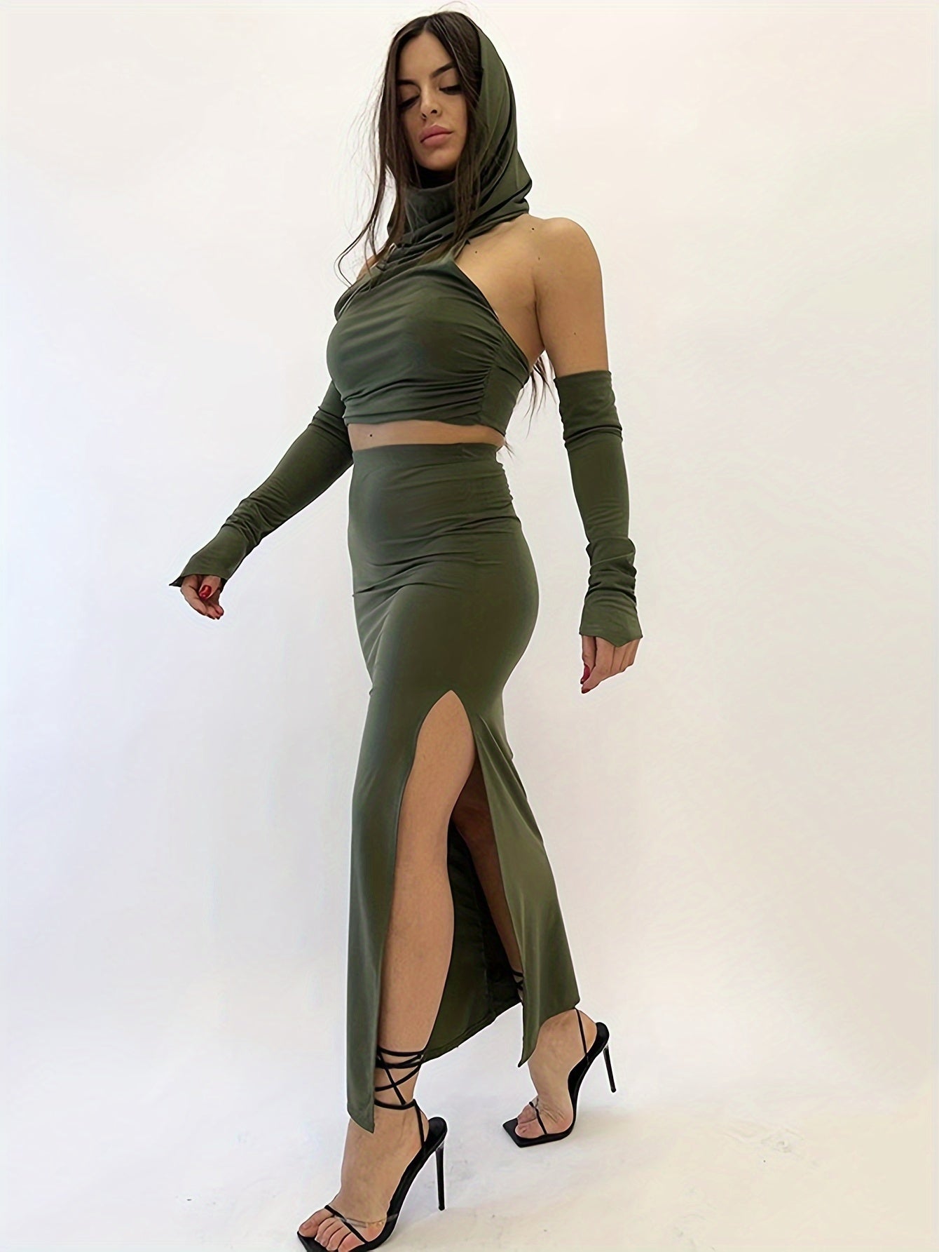 Stylish Solid Slim Two-piece Skirt Set, Crop Backless Hooded Top & Split Hem Skirt Outfits