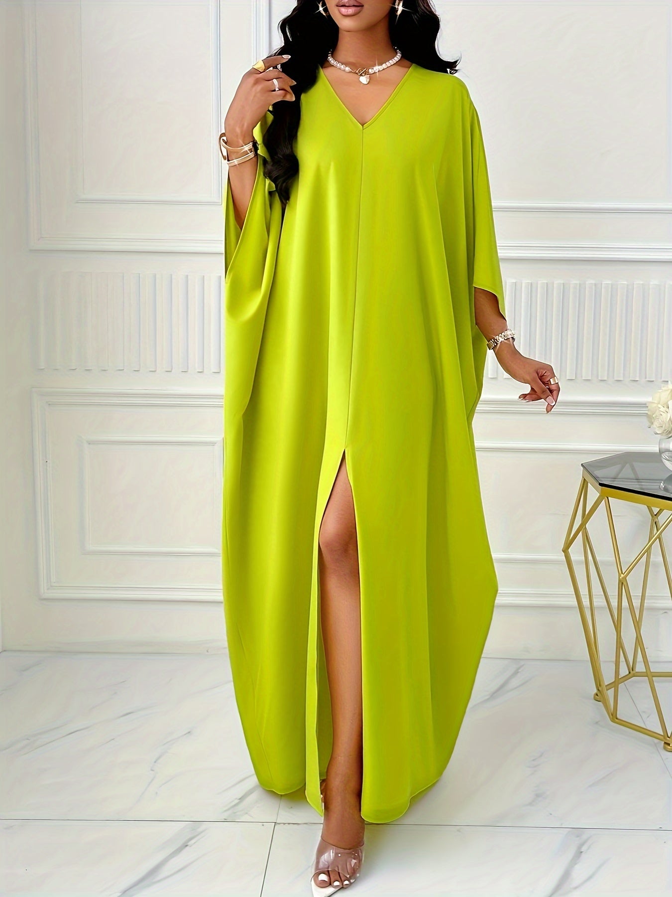 Elegant Solid Color V-Neck Cap Sleeve Side Slit Tunic Dress for Women