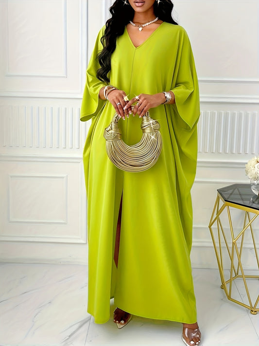 Elegant Solid Color V-Neck Cap Sleeve Side Slit Tunic Dress for Women