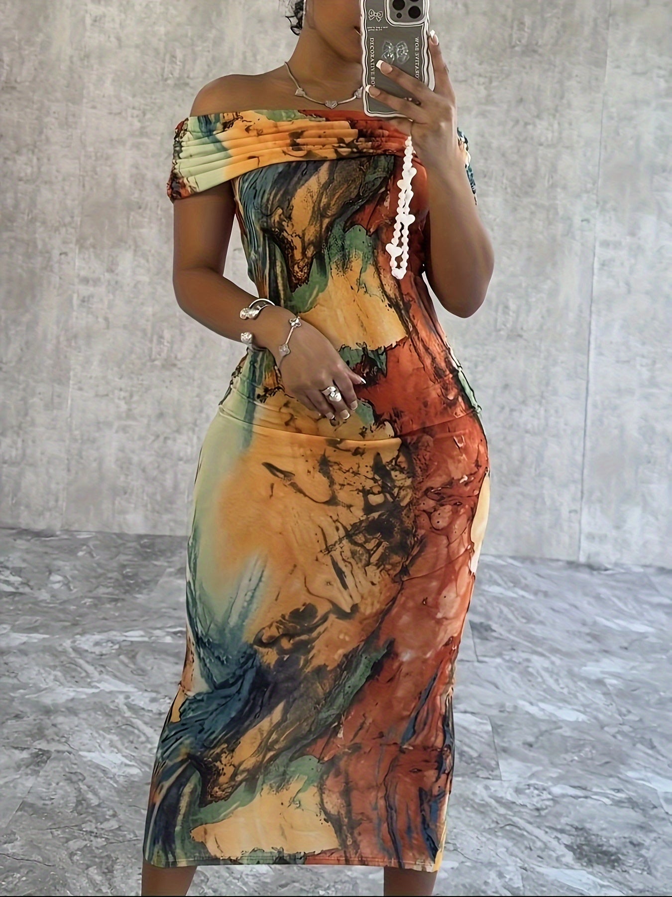 Chic Off-Shoulder Sheath Dress with Abstract Print