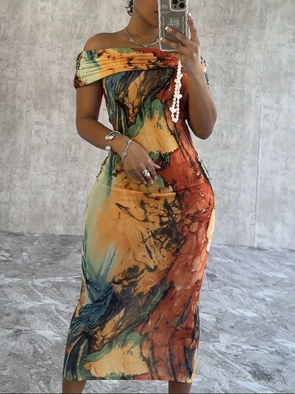 Chic Off-Shoulder Sheath Dress with Abstract Print