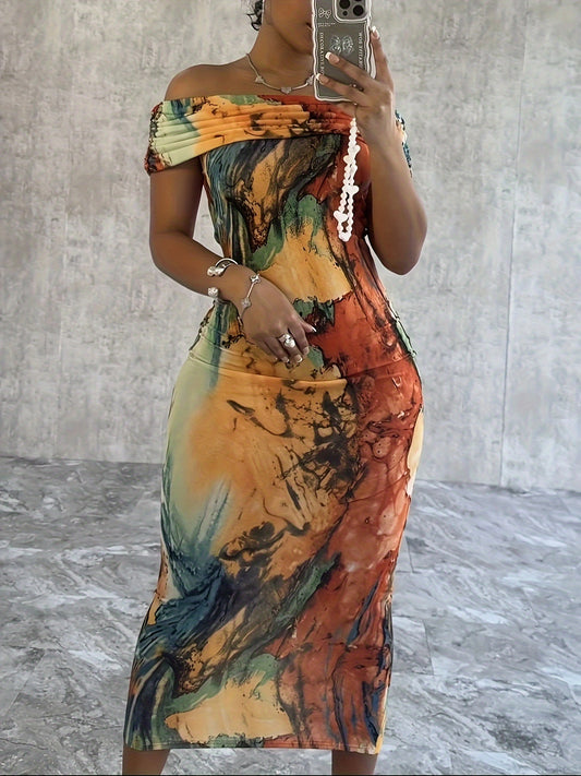 Chic Off-Shoulder Sheath Dress with Abstract Print