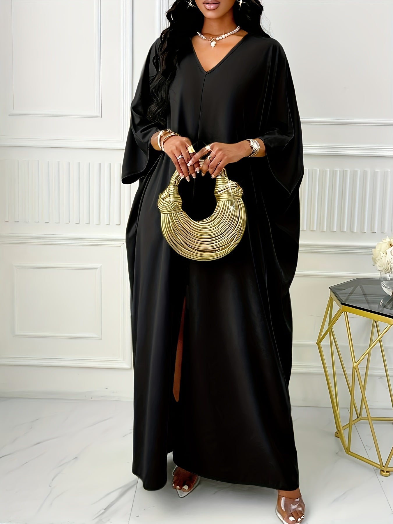 Elegant Solid Color V-Neck Cap Sleeve Side Slit Tunic Dress for Women