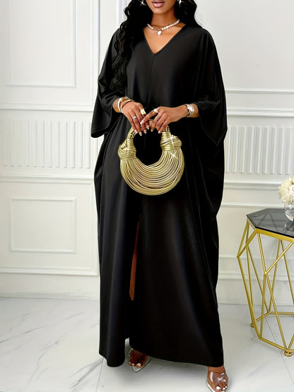 Elegant Solid Color V-Neck Cap Sleeve Side Slit Tunic Dress for Women