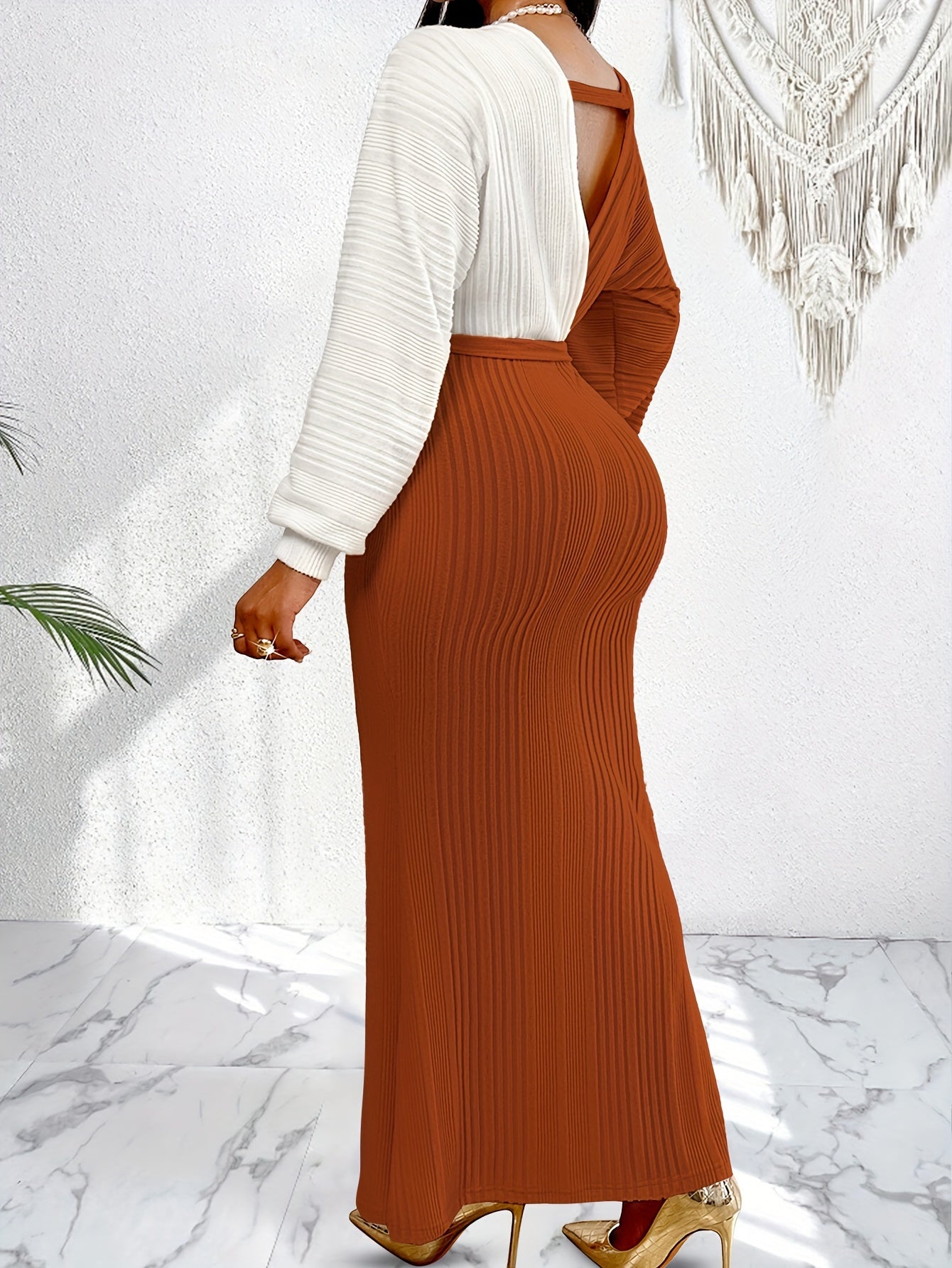 Two-Tone Elegant Batwing Sleeve Bodycon Long Dress