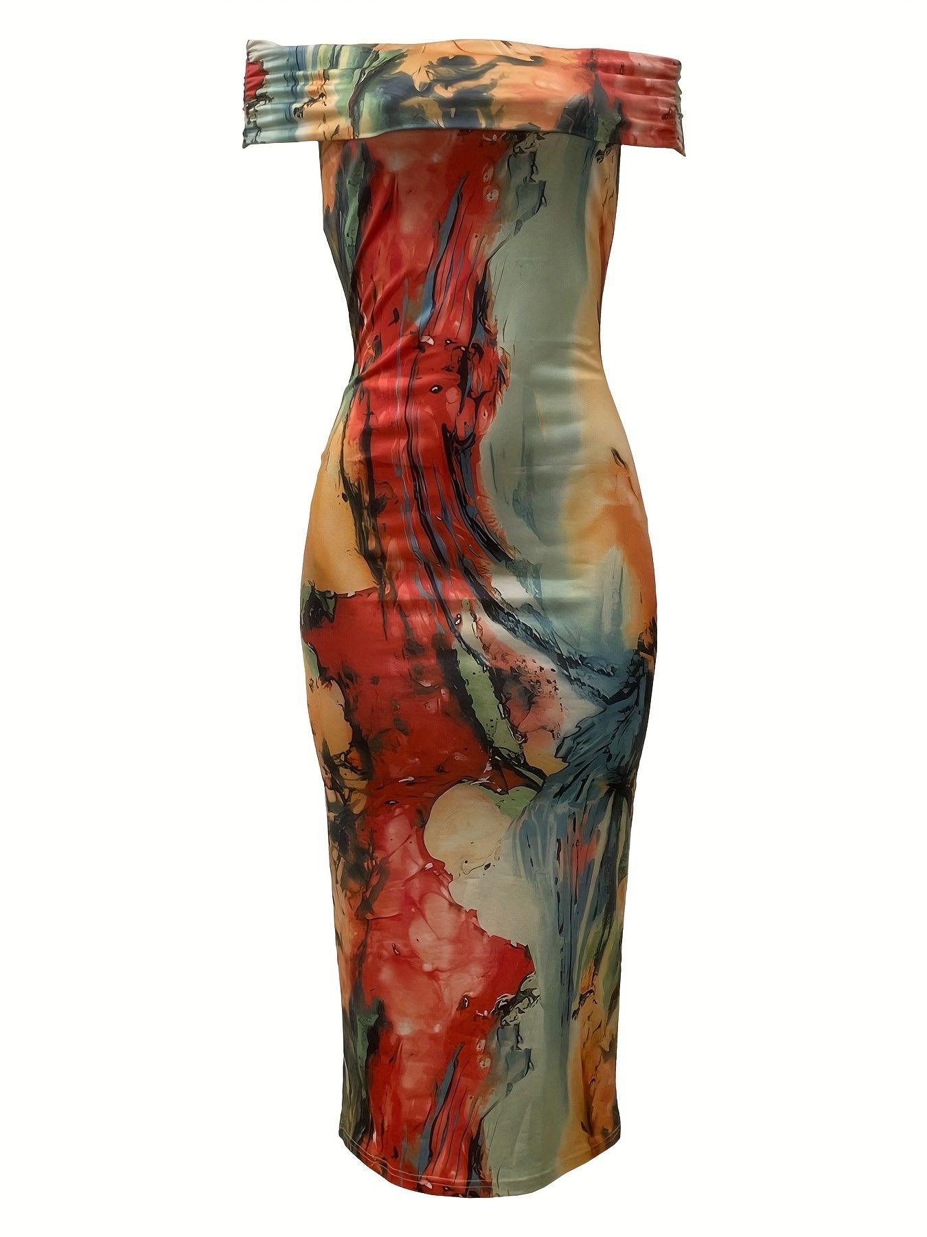 Chic Off-Shoulder Sheath Dress with Abstract Print