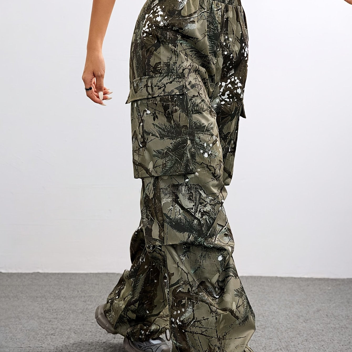 Wide Leg Casual Pants, Plant Print, All-Season Drawstring Waist with Belt & Woven Fabric