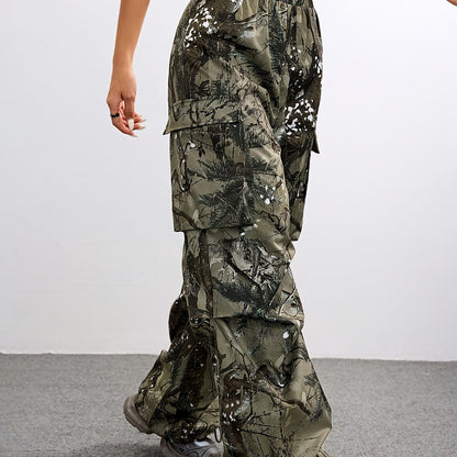 Wide Leg Casual Pants, Plant Print, All-Season Drawstring Waist with Belt & Woven Fabric