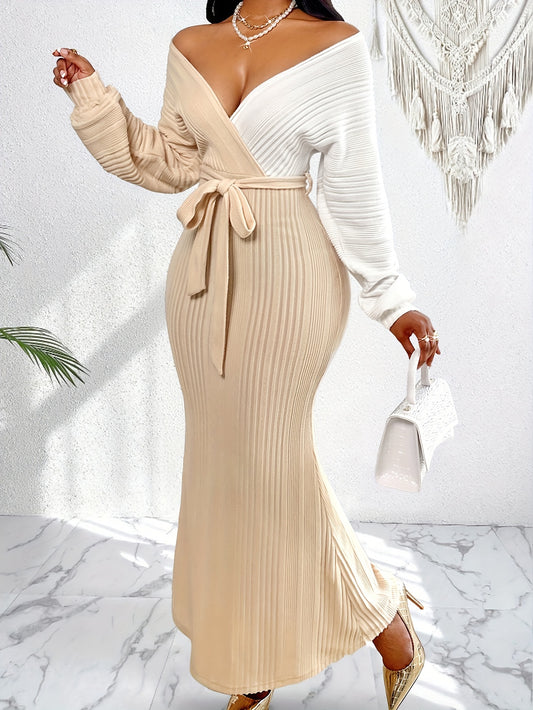 Two-Tone Elegant Batwing Sleeve Bodycon Long Dress