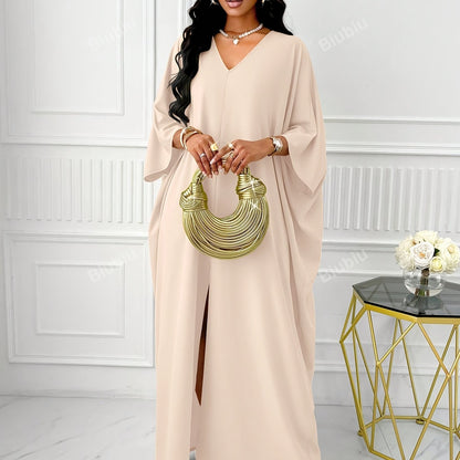 Elegant Solid Color V-Neck Cap Sleeve Side Slit Tunic Dress for Women