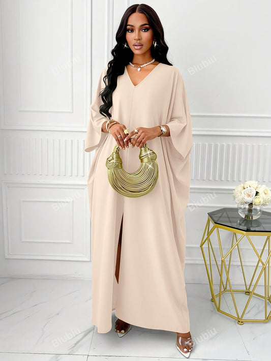 Elegant Solid Color V-Neck Cap Sleeve Side Slit Tunic Dress for Women