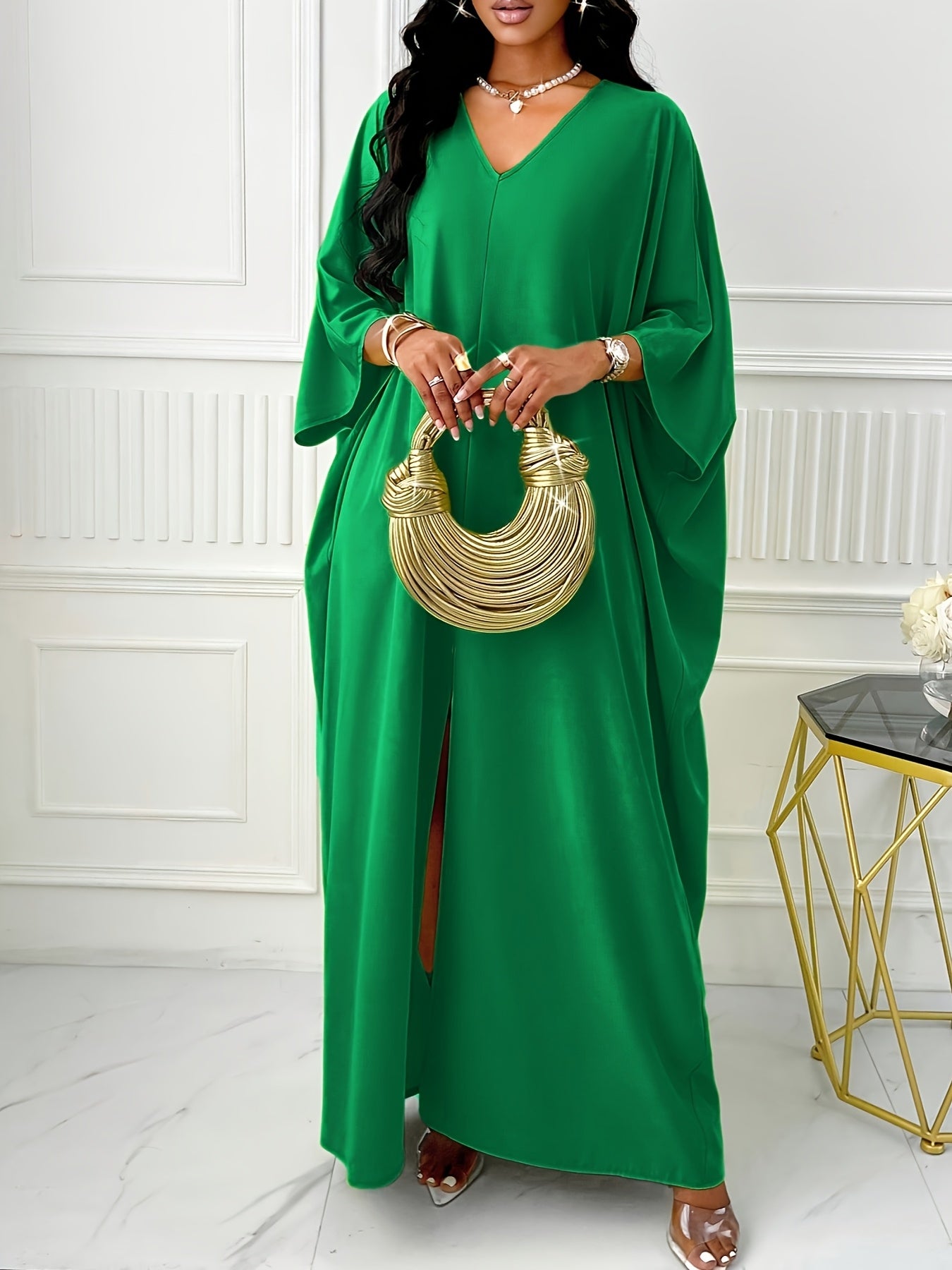 Elegant Solid Color V-Neck Cap Sleeve Side Slit Tunic Dress for Women