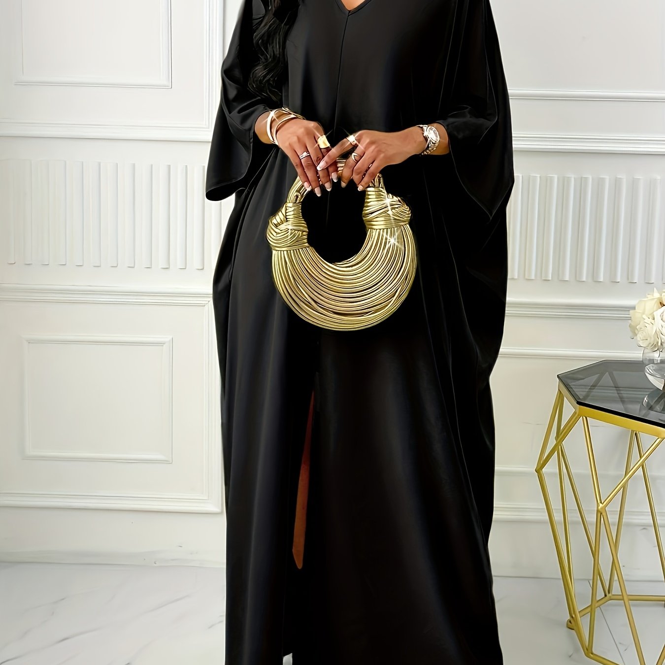 Elegant Solid Color V-Neck Cap Sleeve Side Slit Tunic Dress for Women