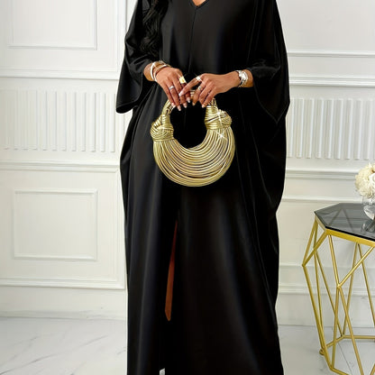 Elegant Solid Color V-Neck Cap Sleeve Side Slit Tunic Dress for Women