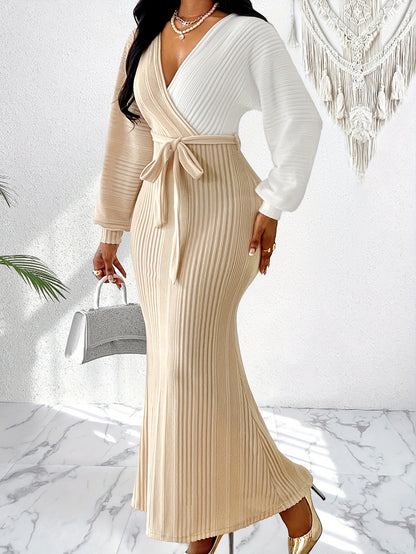 Two-Tone Elegant Batwing Sleeve Bodycon Long Dress