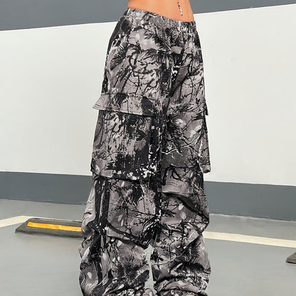 Wide Leg Casual Pants, Plant Print, All-Season Drawstring Waist with Belt & Woven Fabric