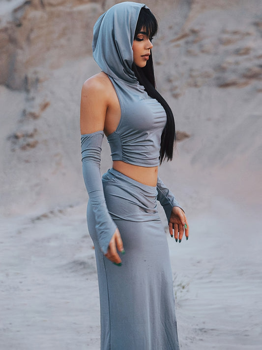 Stylish Solid Slim Two-piece Skirt Set, Crop Backless Hooded Top & Split Hem Skirt Outfits