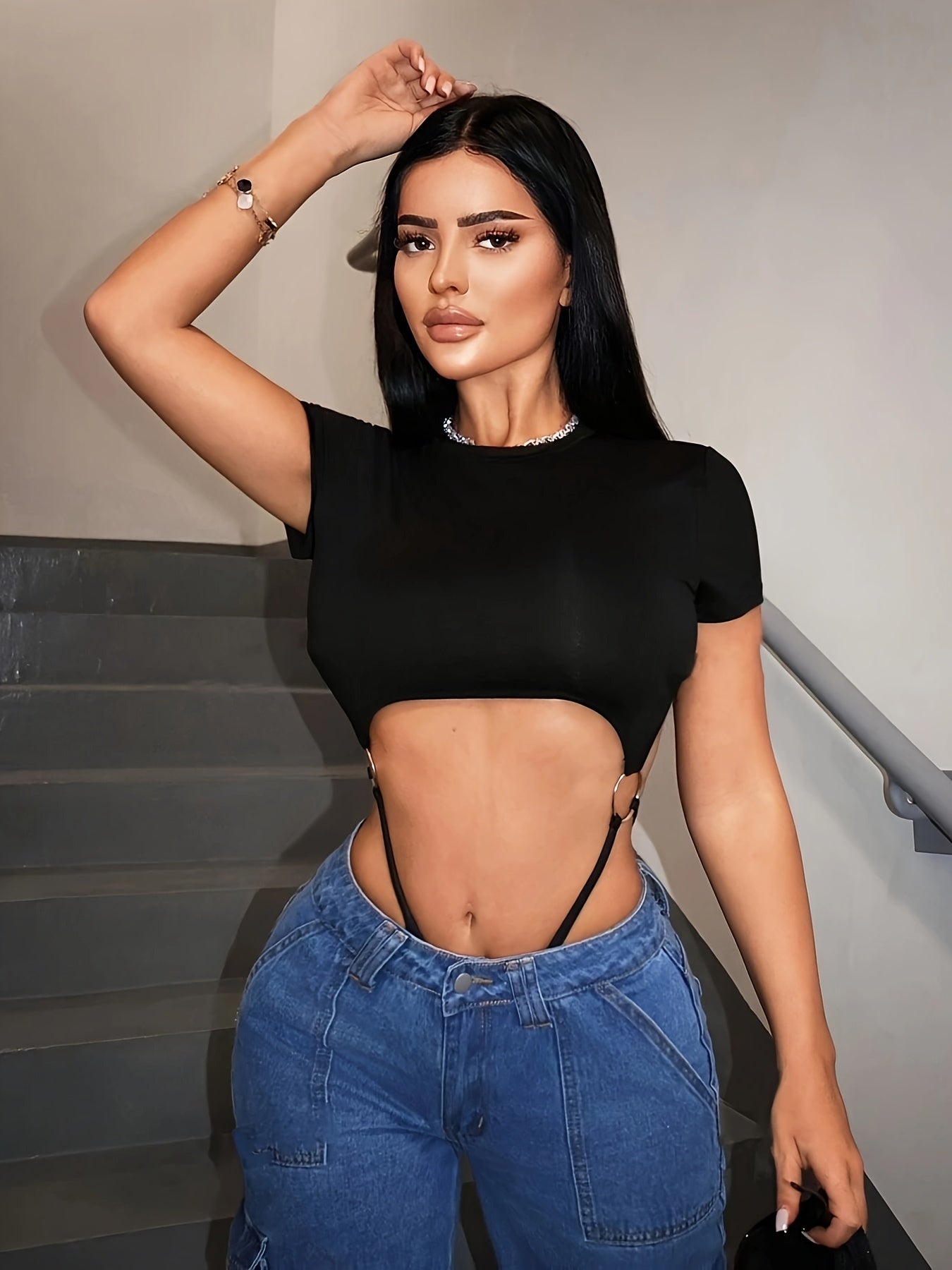 Sexy Solid Color Hollowed-Out Waist Short-Sleeve Jumpsuit