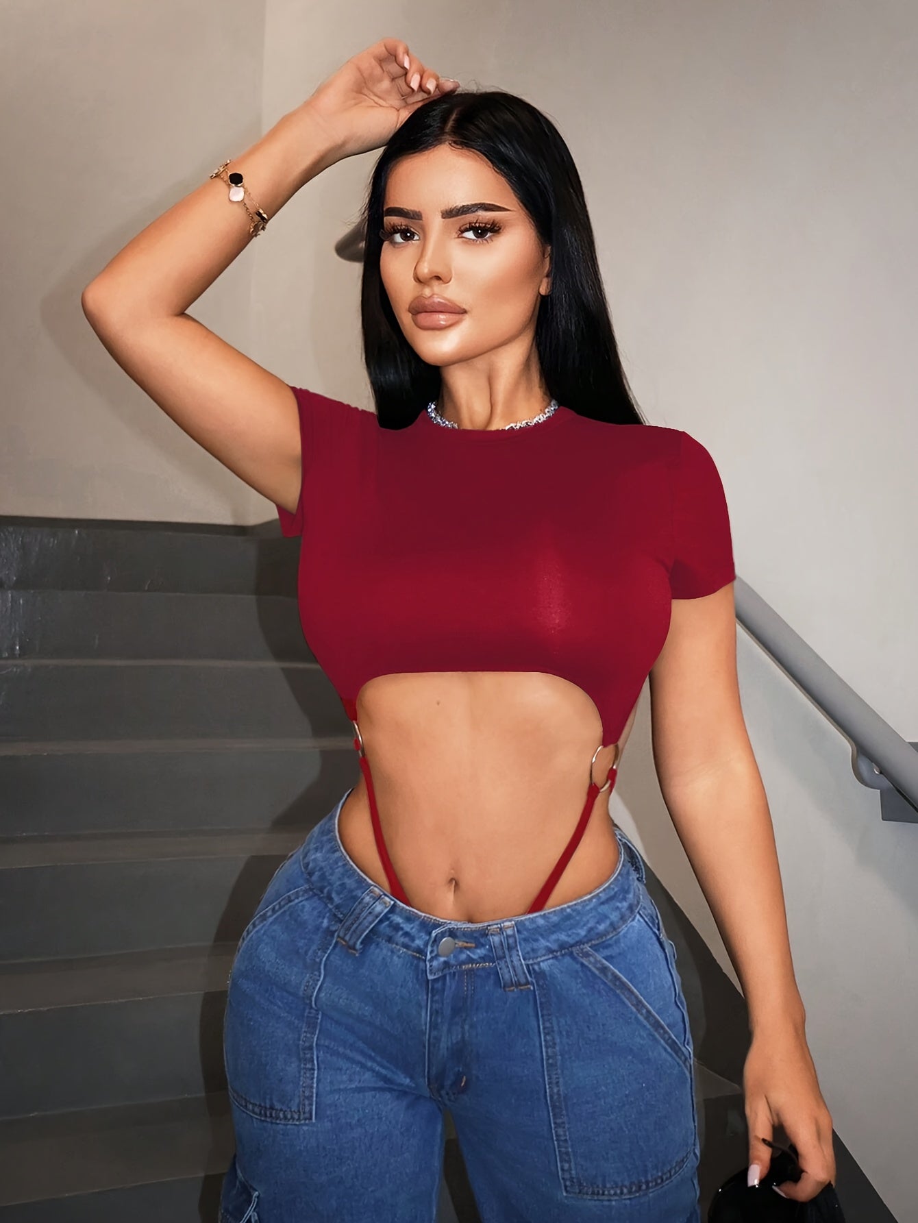 Sexy Solid Color Hollowed-Out Waist Short-Sleeve Jumpsuit