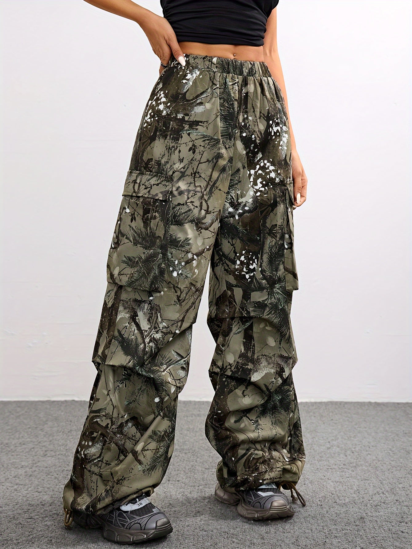 Wide Leg Casual Pants, Plant Print, All-Season Drawstring Waist with Belt & Woven Fabric