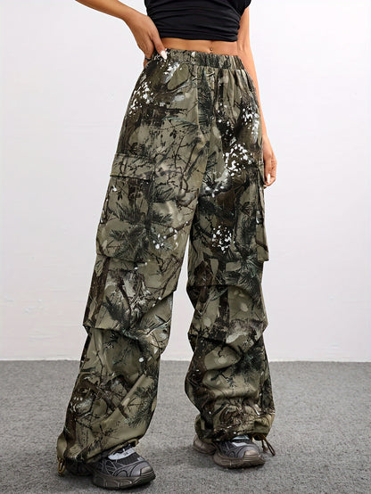 Wide Leg Casual Pants, Plant Print, All-Season Drawstring Waist with Belt & Woven Fabric