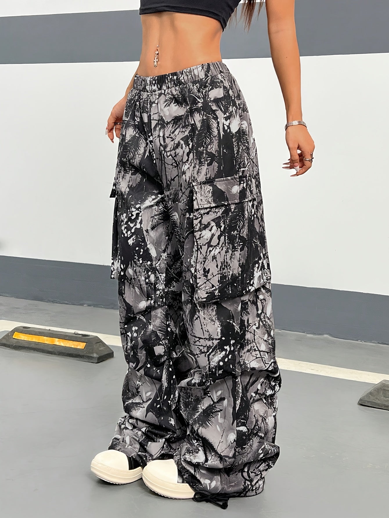 Wide Leg Casual Pants, Plant Print, All-Season Drawstring Waist with Belt & Woven Fabric