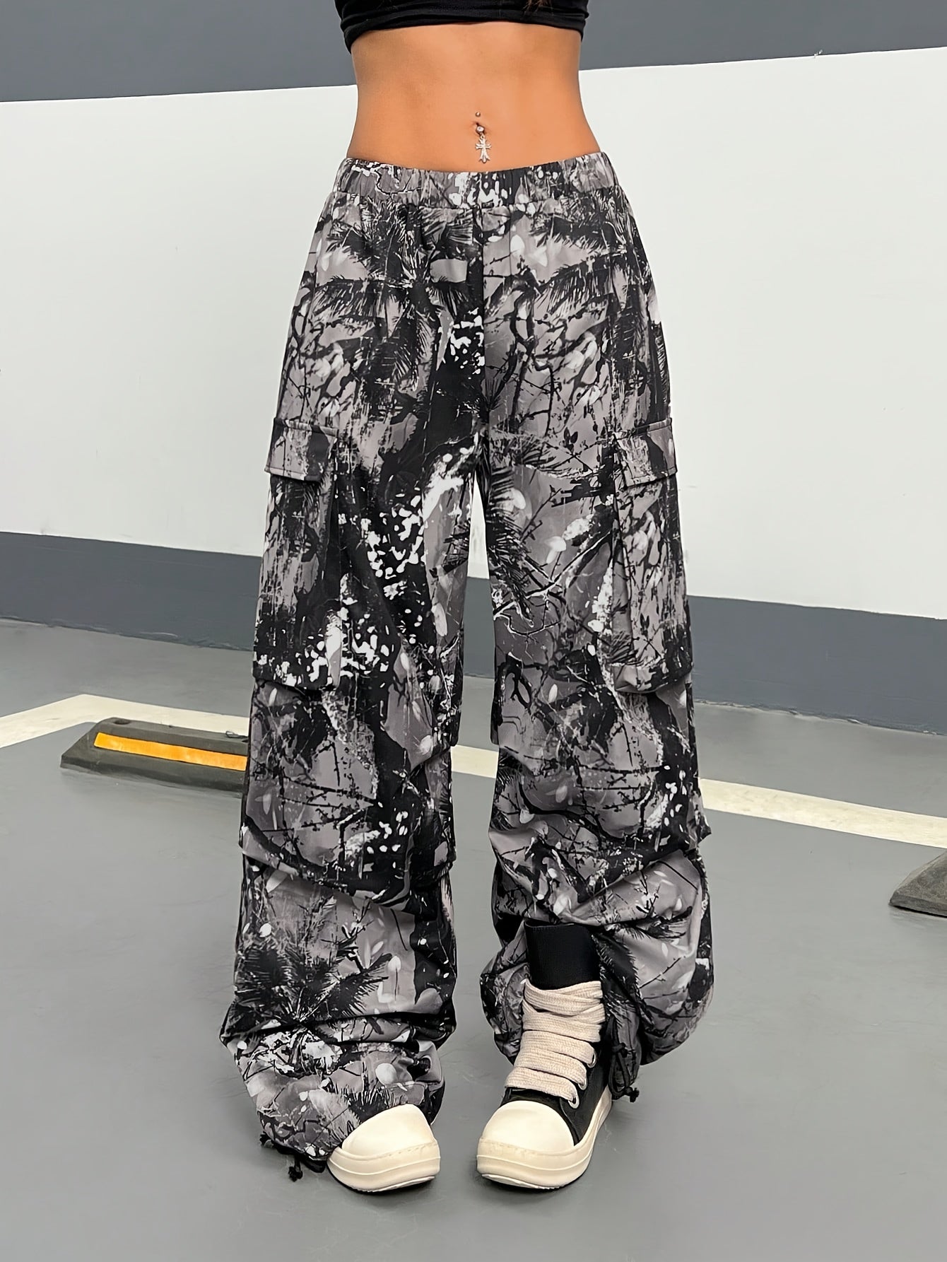 Wide Leg Casual Pants, Plant Print, All-Season Drawstring Waist with Belt & Woven Fabric